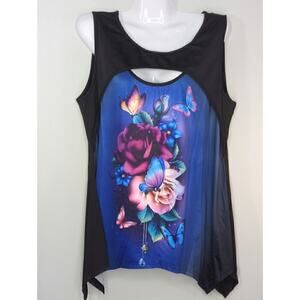 Rosegal Blue & Black Floral Front‎ Cut Out Sleeveless Top Large NWT